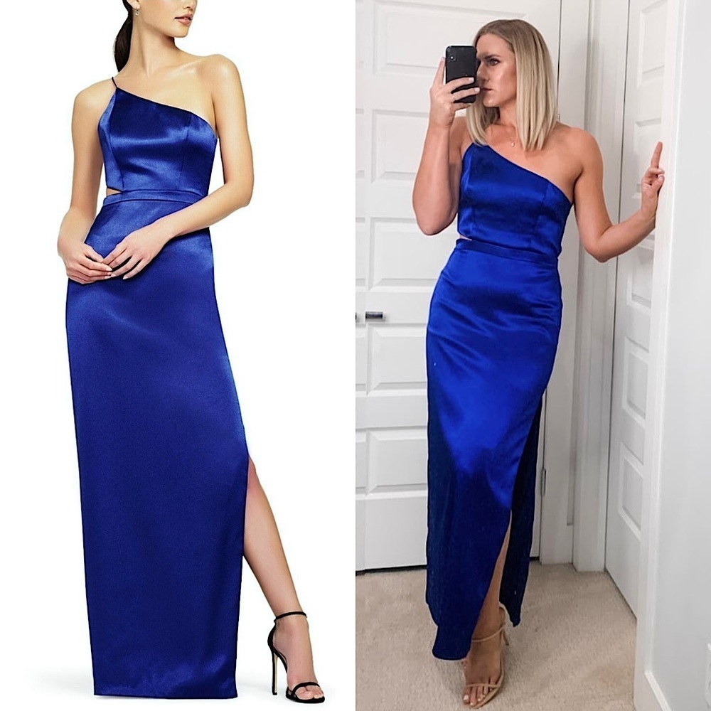 AIDAN‎ MATTOX Royal Blue Satin One Shoulder Cutout Back Sleeveless Maxi Gown 4